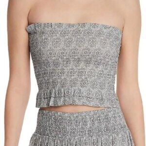 NWT AQUA Bloomingdale's Strapless Smocked Ruffled Tube Top Grey Print Medium